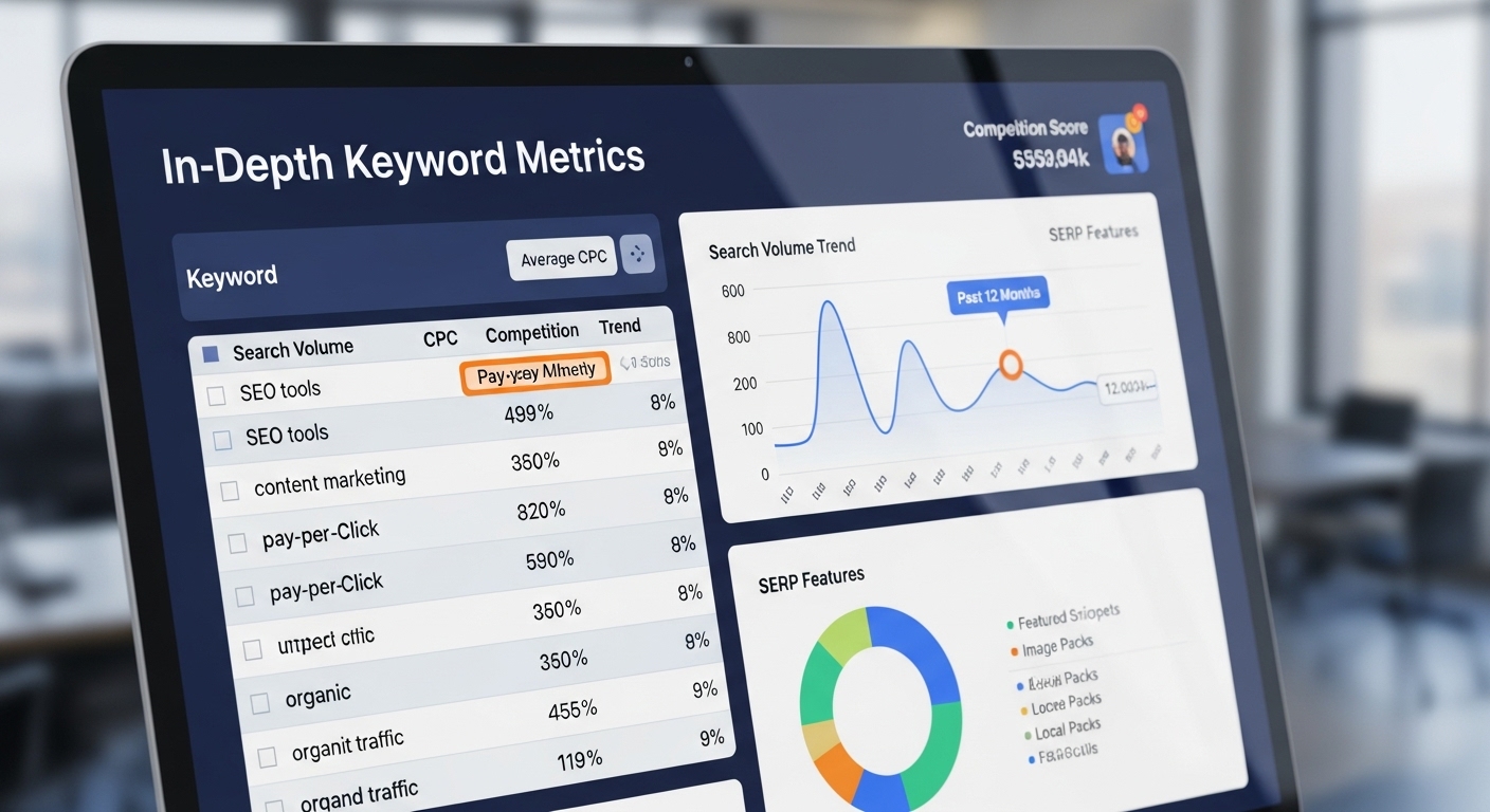 in-depth keyword metrics dashboard showing search volume and keyword difficulty